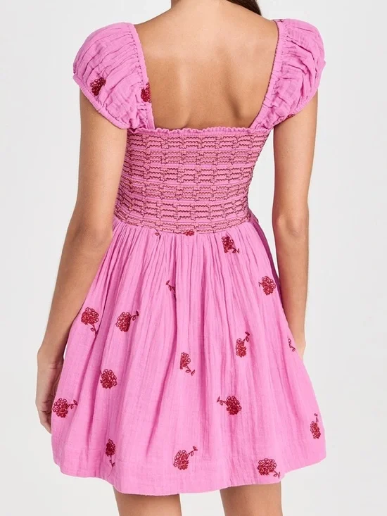 NWT Free People Tory Embroidered Mini Dress Pink Smocked Floral Boho Size Large - Picture 4 of 16